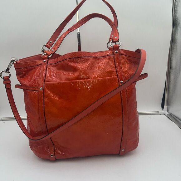 Coach AUDREY OP ART CORAL Peach Patent Leather Tote Shoulder/.Crossbody Bag BOTH - Picture 8 of 11